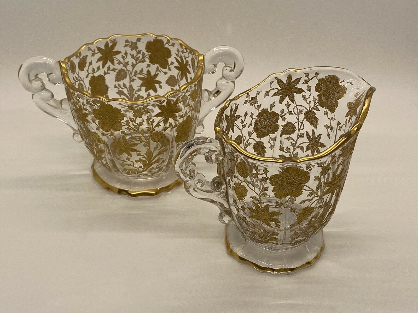 Vtg Cambridge Creamer & Sugar Bowl Gold Etched And Encrusted Glass - Wildflowers