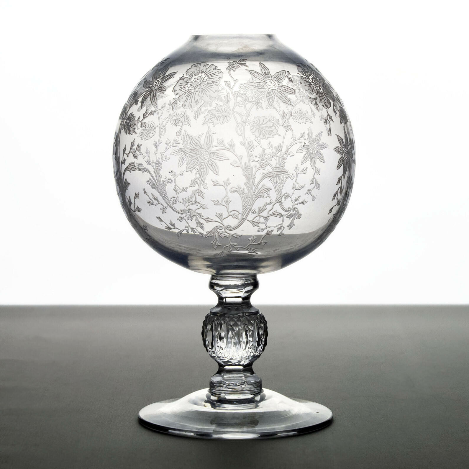 Cambridge Wildflower Footed Ivy Ball Vase, Elegant Etched Glass Footed Rose Bowl