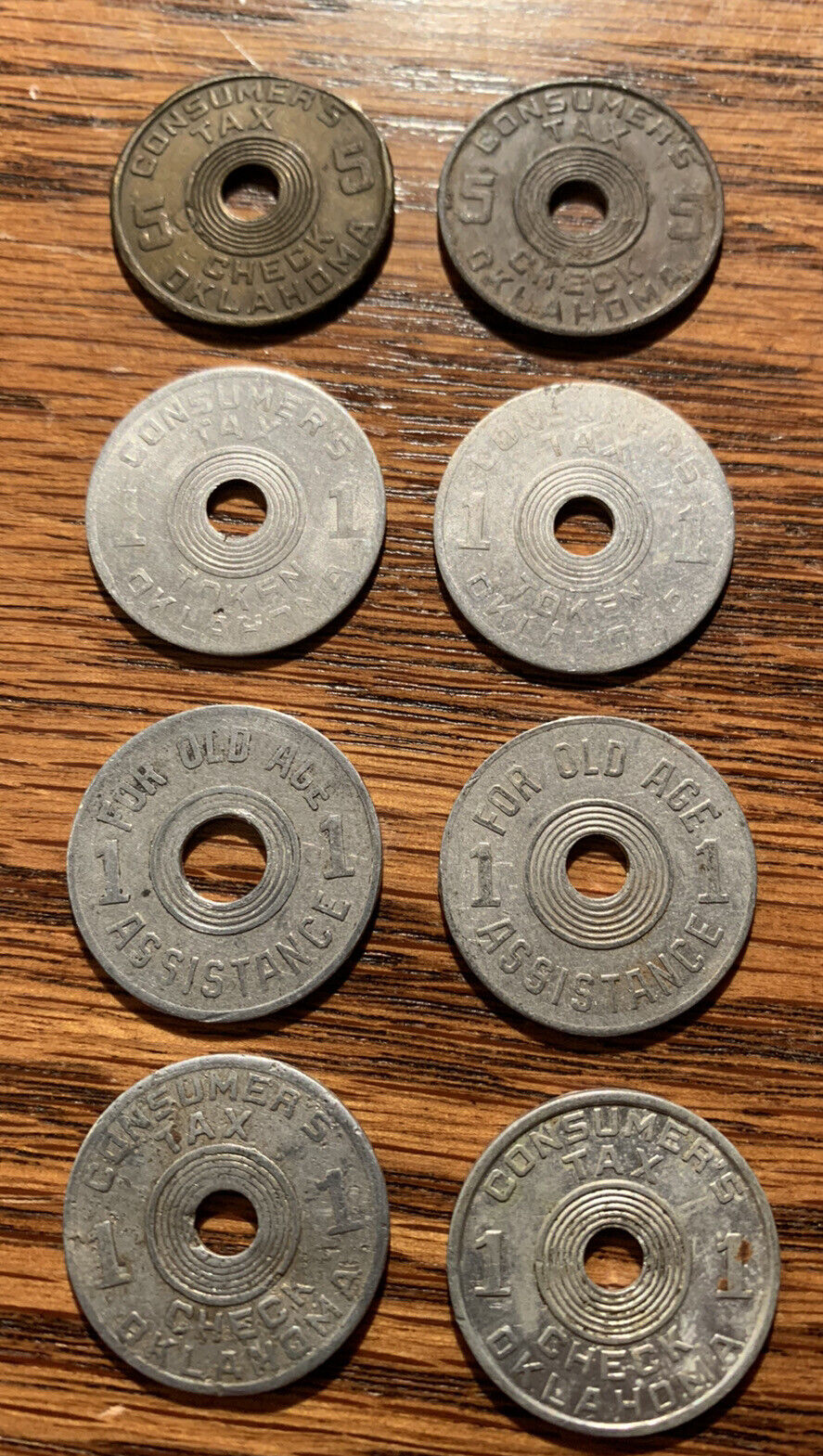 Oklahoma Consumer Tax Tokens 5 Cent Brasstone Metal Coin & Old Age Tokens 1 Cent
