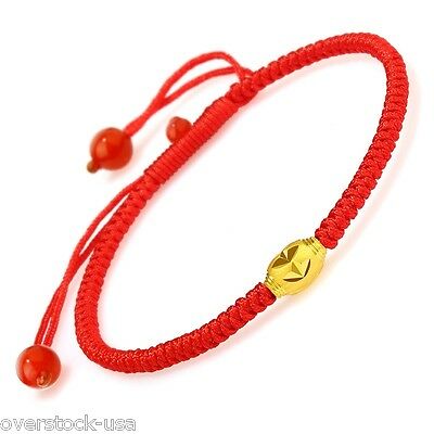 Solid 999 Gold 24k Yellow Gold Bead Bracelet Lucky Red Cord Bracelet