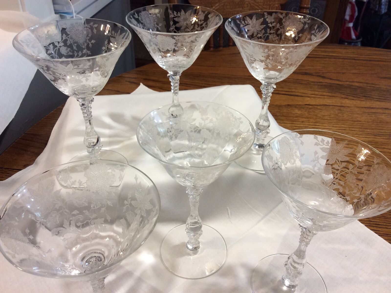 6 Cambridge Wildflower Elegant Etched Glass Champagne/ Sherbets 6.5”mint 12 Avl.