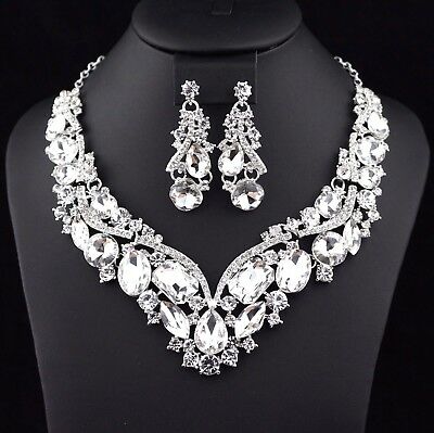 Elegant Clear Austrian Crystal Rhinestone Necklace Earrings Set Bridal Prom N35