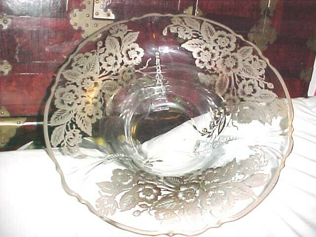 Vintage Cambridge Glass Crystal Wildflower Etched Large 11" Flared Footed Bowl