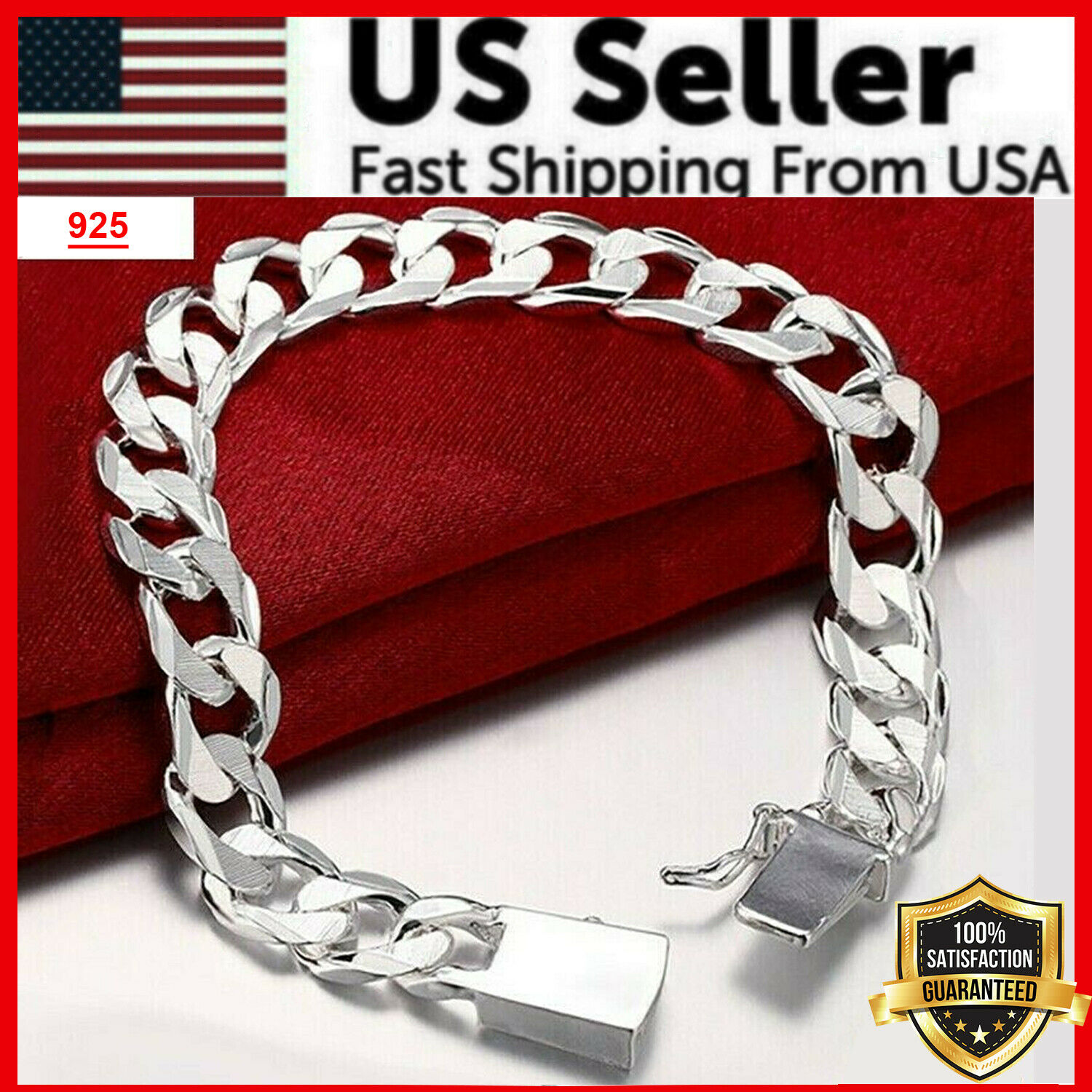 925 Sterling Silver Womens Mens Stylish Wide 10mm Bold Chain Link Bracelet D481