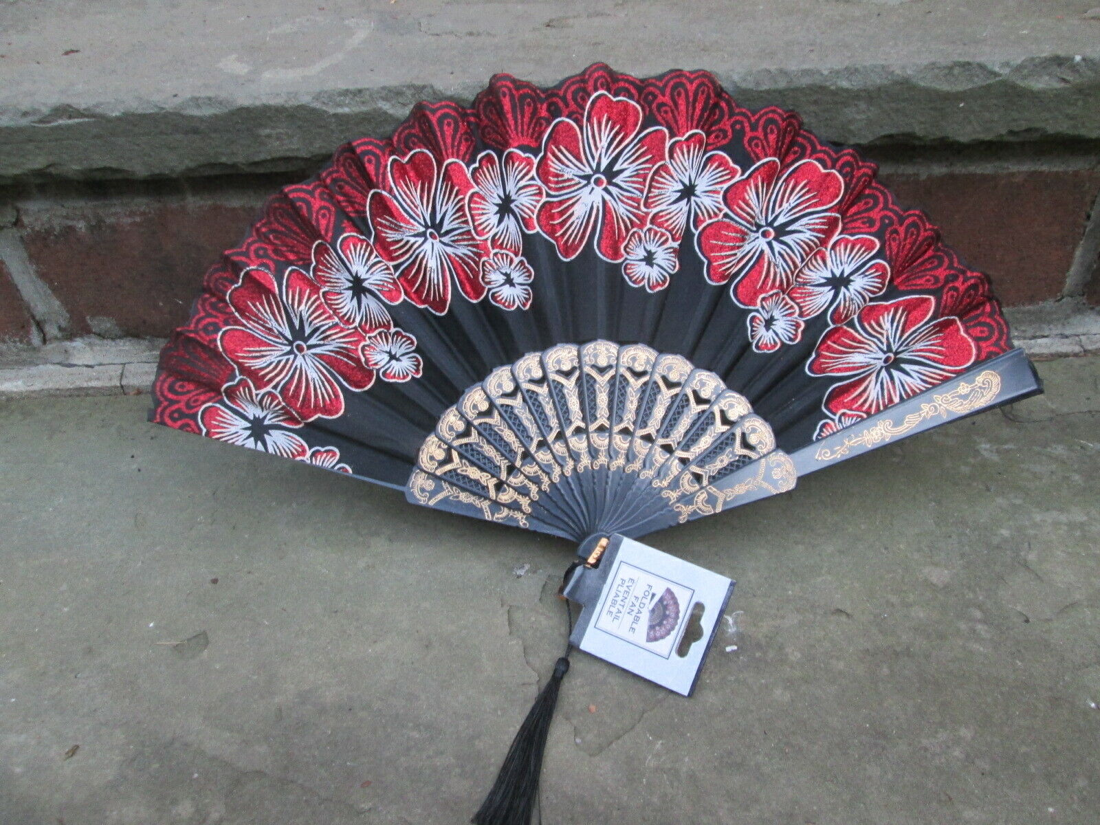 Hand Fan 18th C Dogwood Red Glitter Floral Black Colonial Floral Black Scalloped
