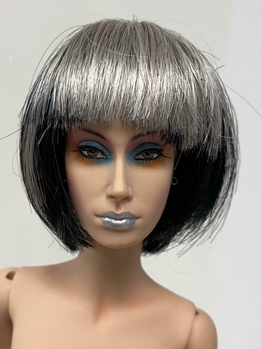 Short Black And Silver Doll Wig Shown On A Superdoll Sybarites Talc Doll Lot 5
