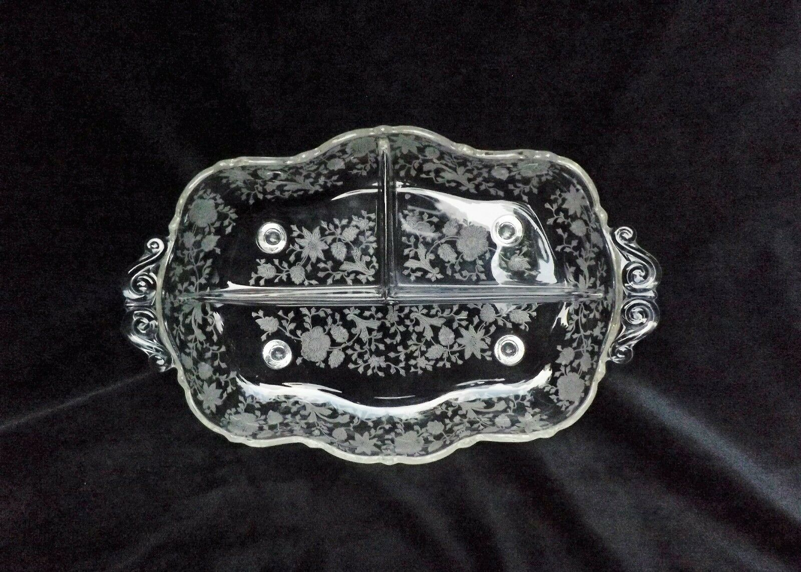 Vintage Cambridge Wildflower Etched Glass Triple Divided Compartment Dish