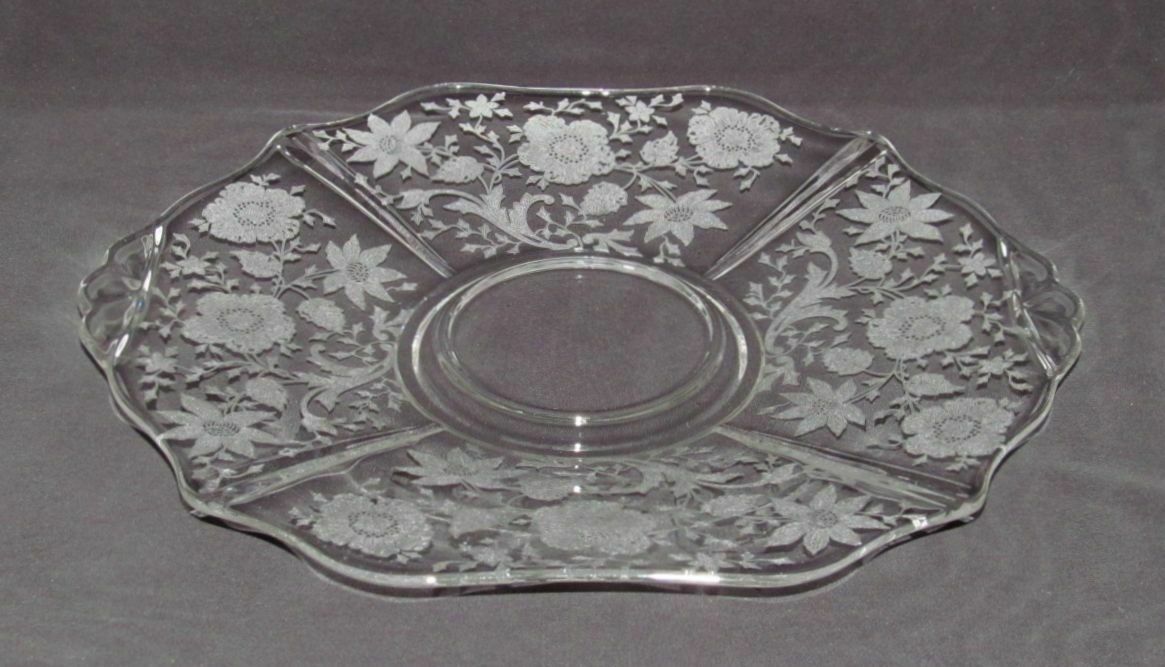Cambridge Glass Co. Wildflower Etch No.3121 Crystal 2-h Indented Cracker Plate